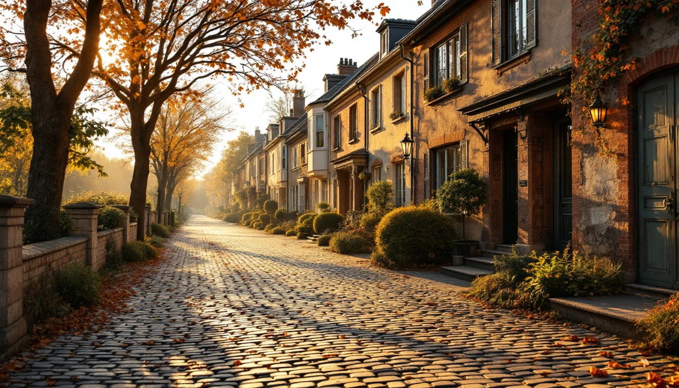 Cobblestone frontage glowing softly in warm early morning light