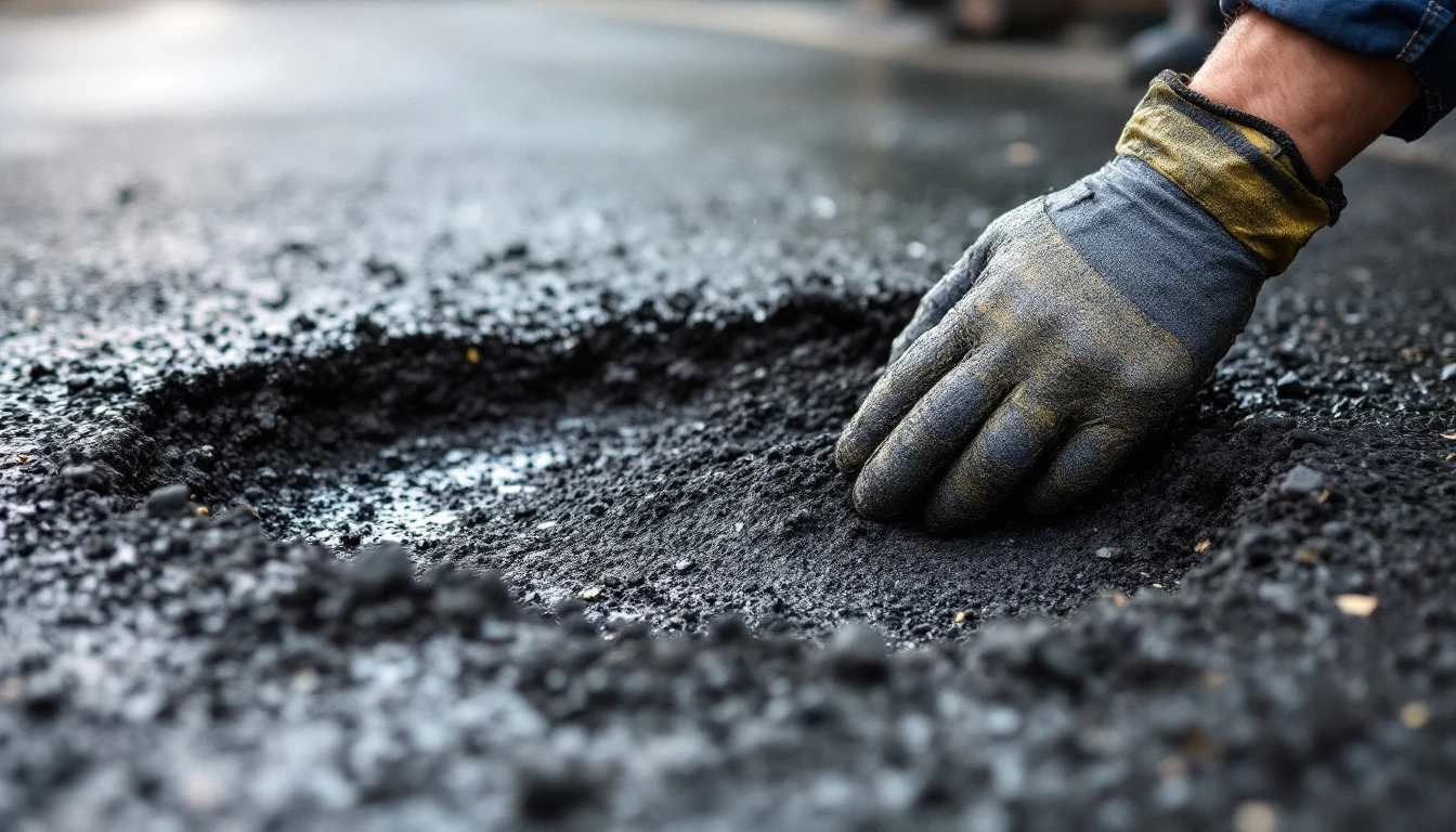 Cold patch material filling a pothole in worn asphalt pavement