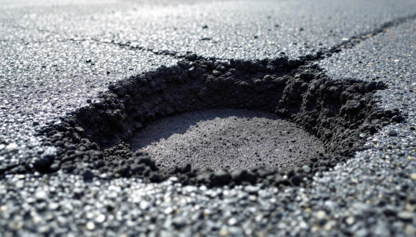 Fresh cold asphalt compound tamped into a sawn pothole on a worn driveway