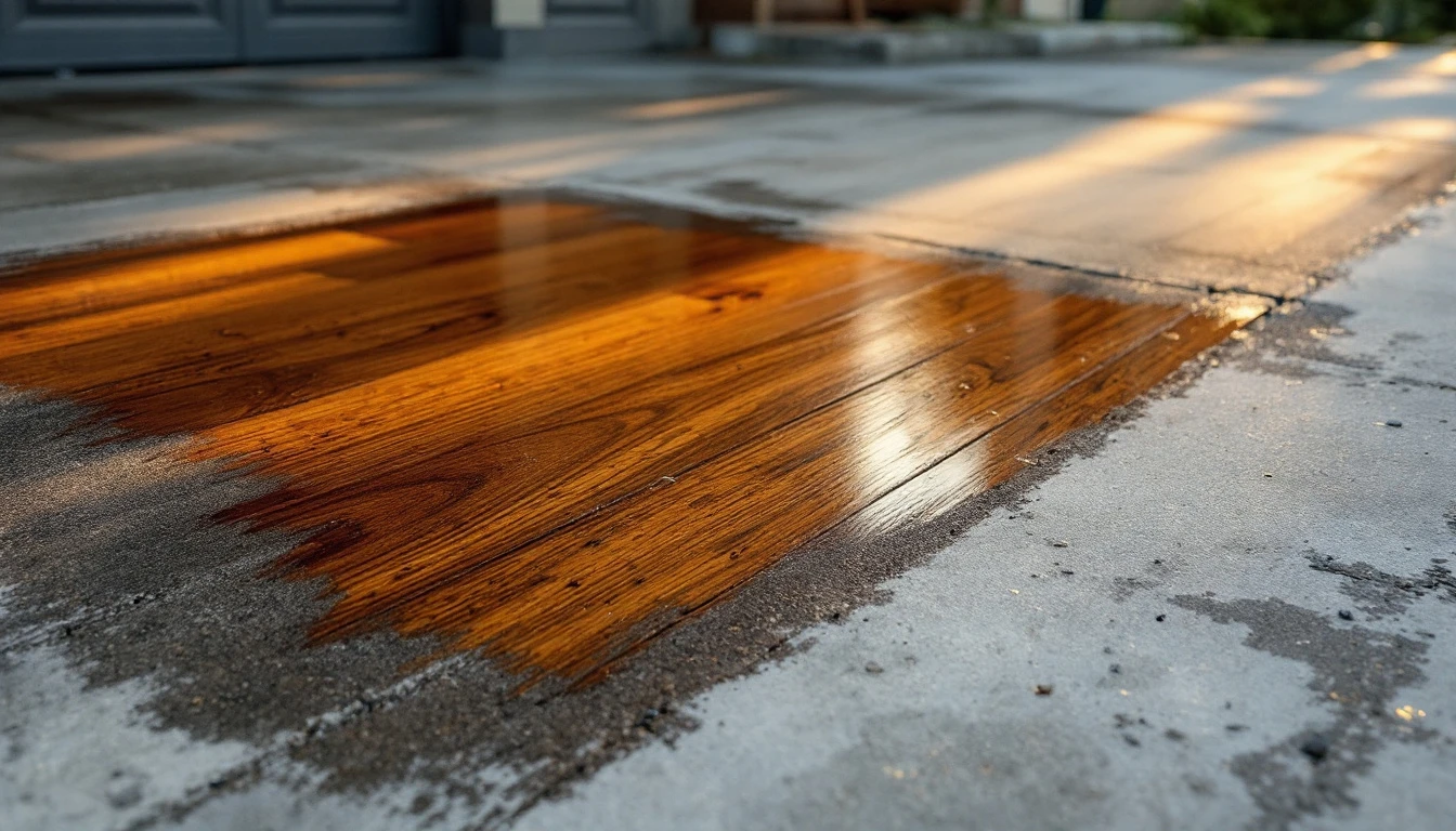 Fresh stain darkening half of a weathered concrete drive