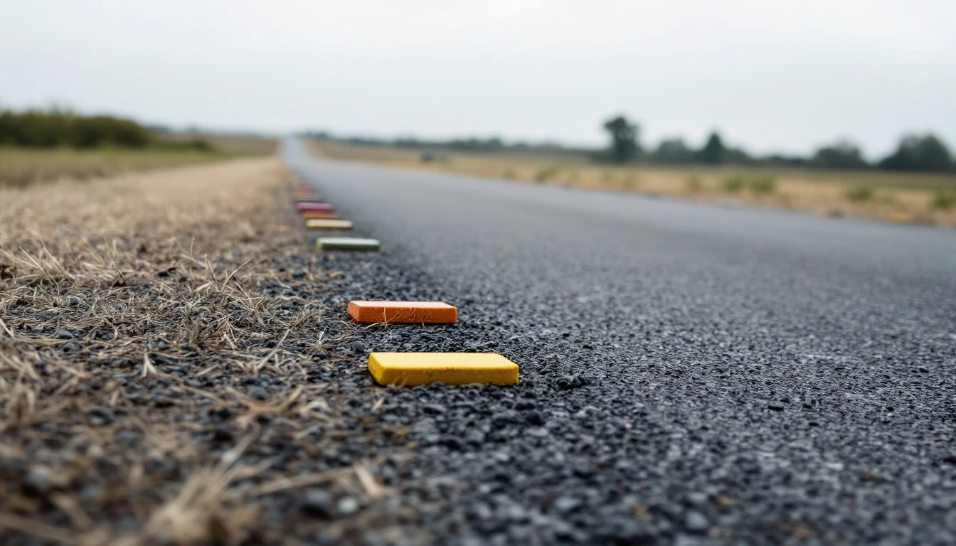Small colored marking flags along the edge of a rural asphalt lane