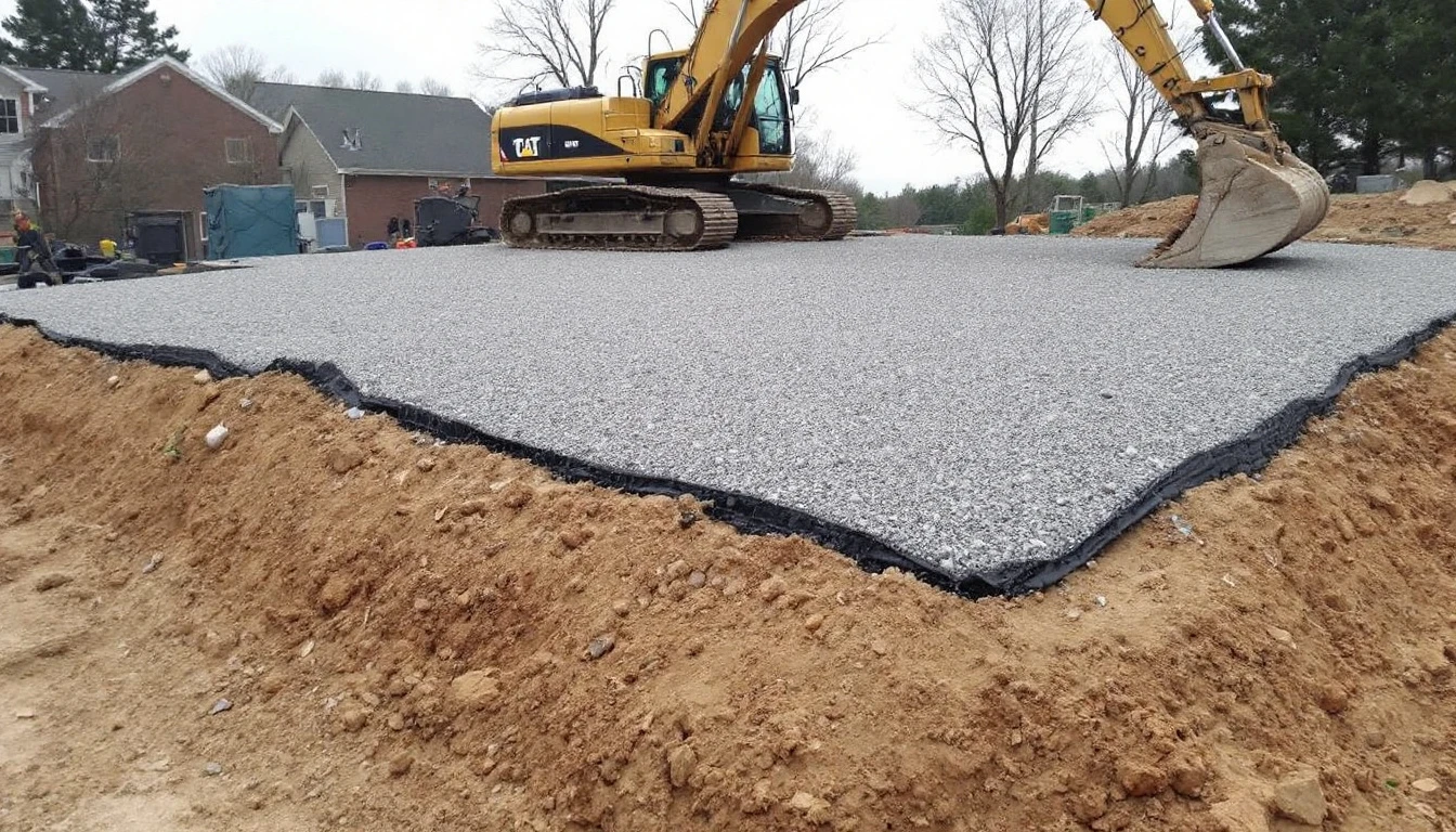 Compacted gravel base layer spread over excavated clay subgrade