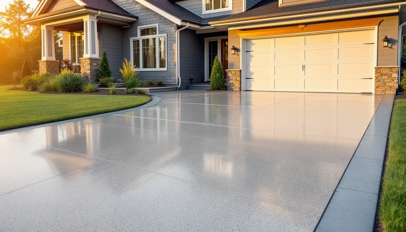 Finished concrete driveway with crisp edges in warm sunset light