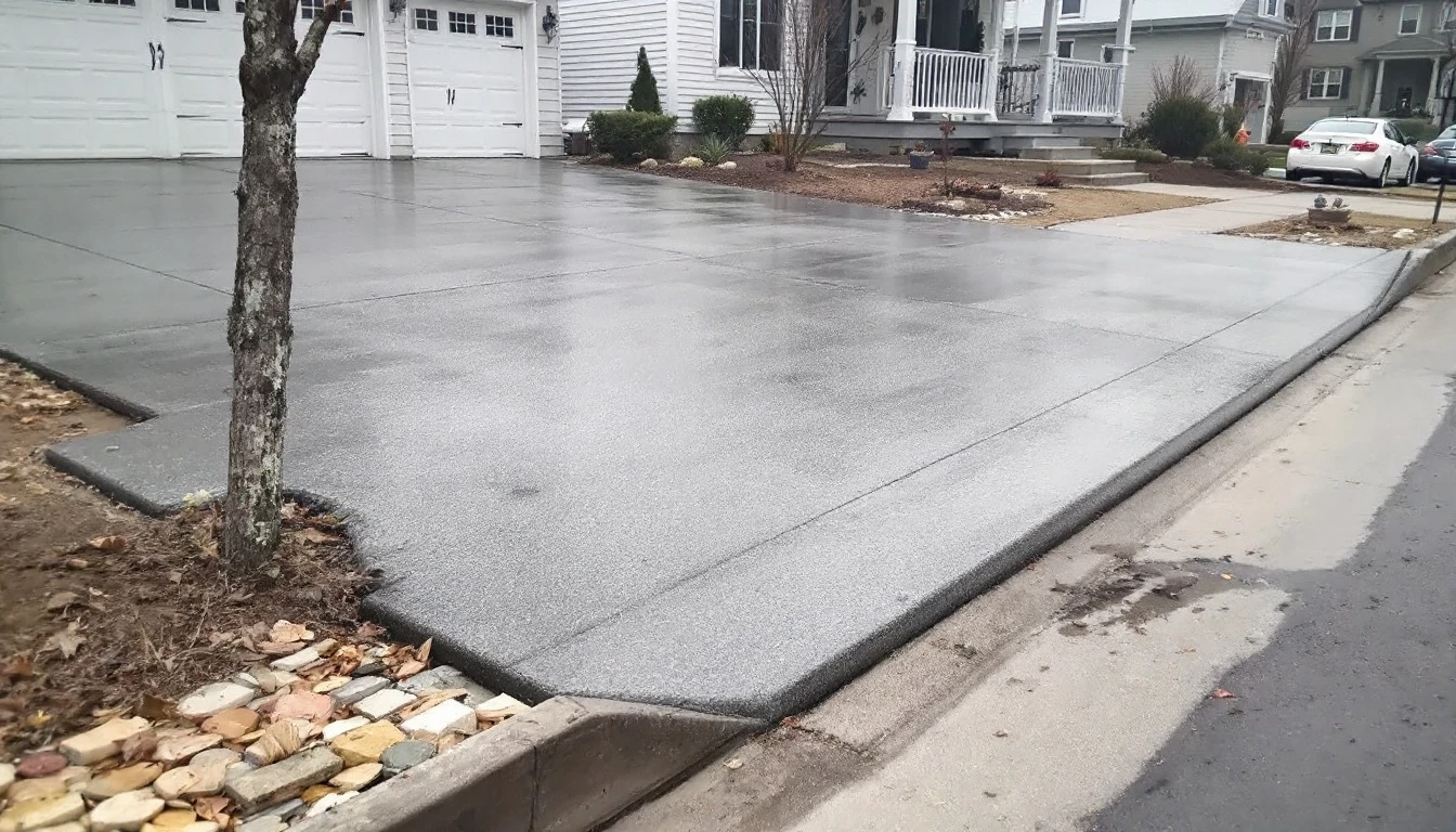 Concrete driveway apron meeting the street at a wide curb cut