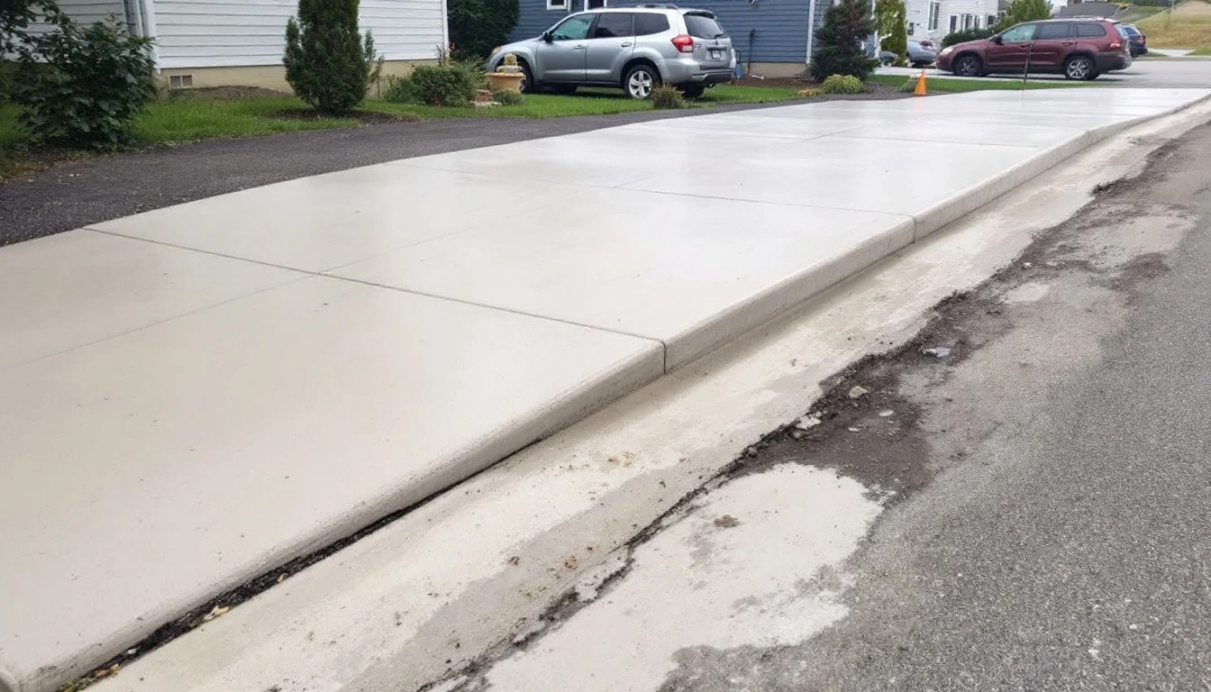 Concrete apron meeting the asphalt street at a rolled curb