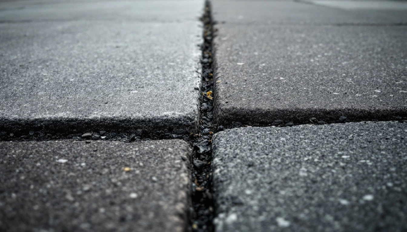 Low angle view of a weathered concrete driveway meeting an asphalt street
