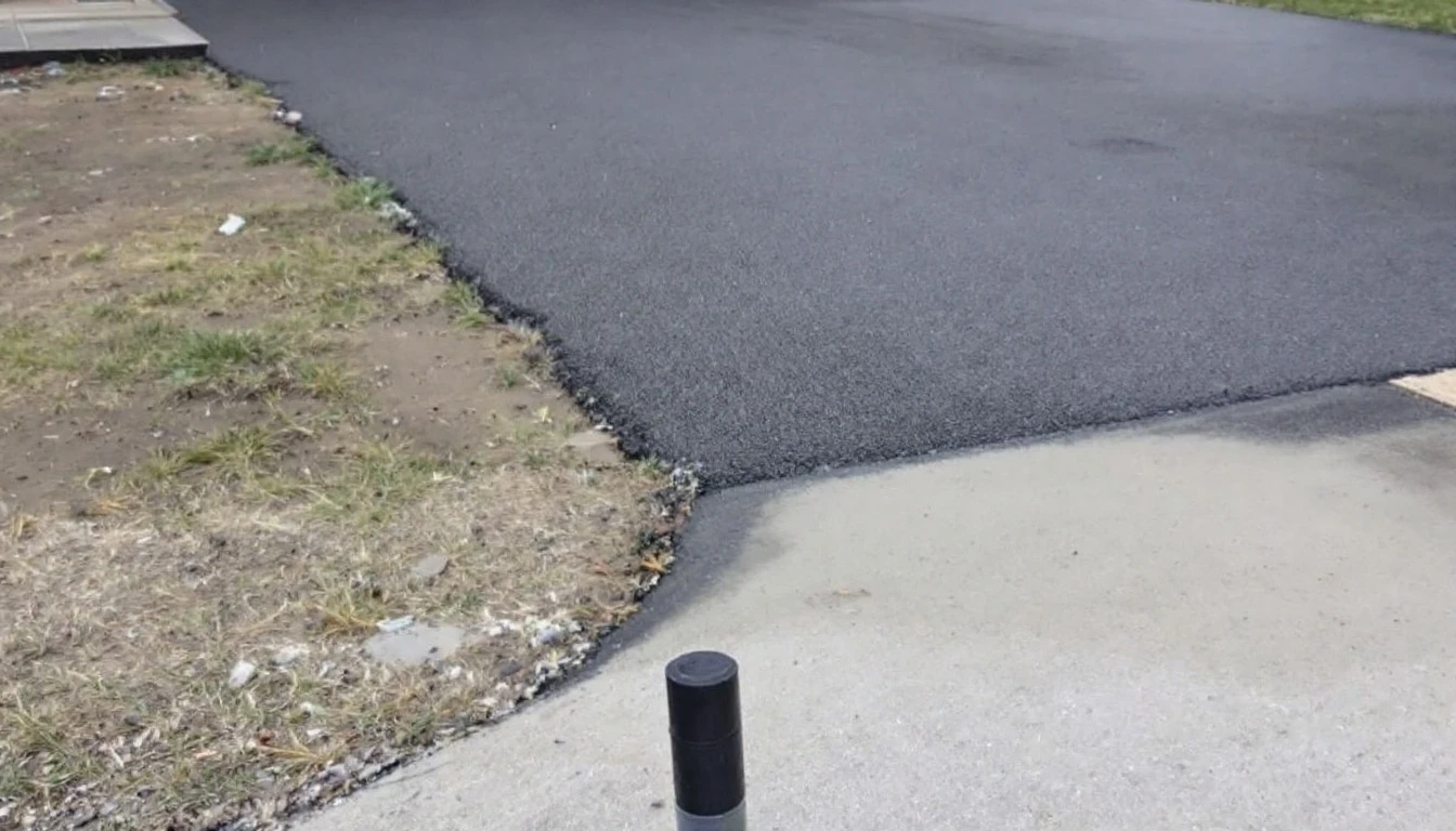 Fresh concrete overlay edge meeting worn asphalt drive