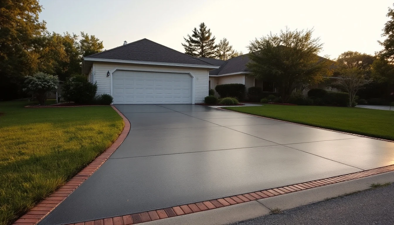 Sealed concrete drive framed by a single brick edging strip