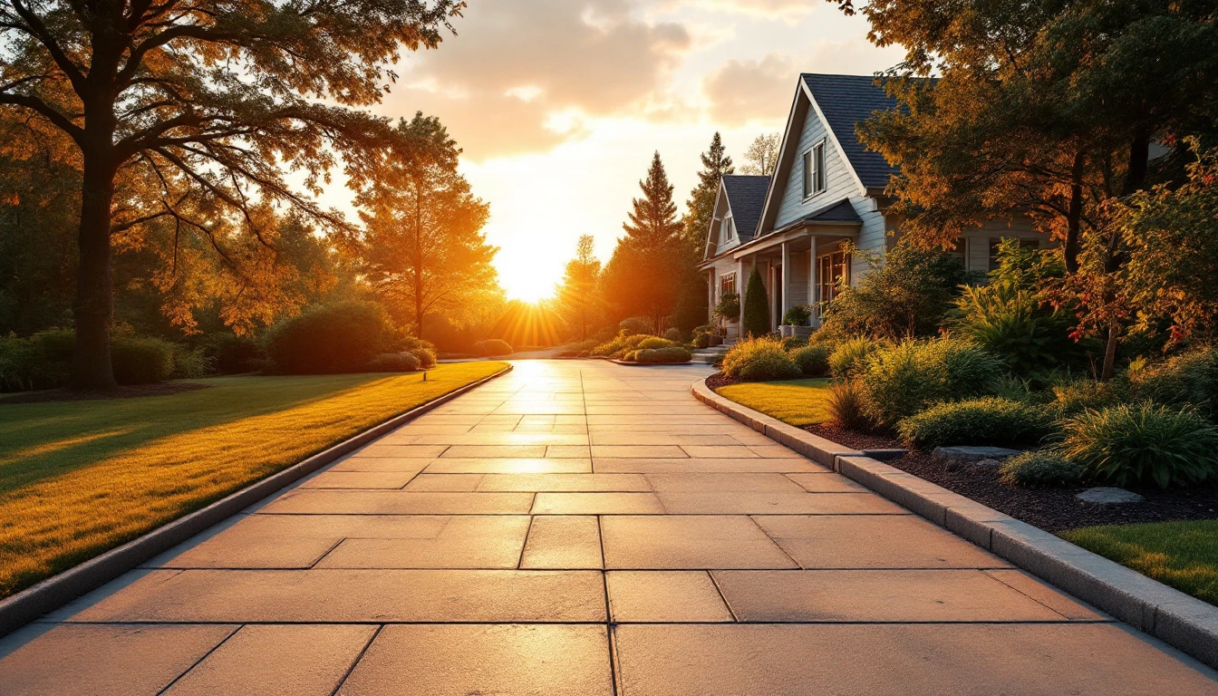 Concrete driveway edged with low planting beds in warm evening light