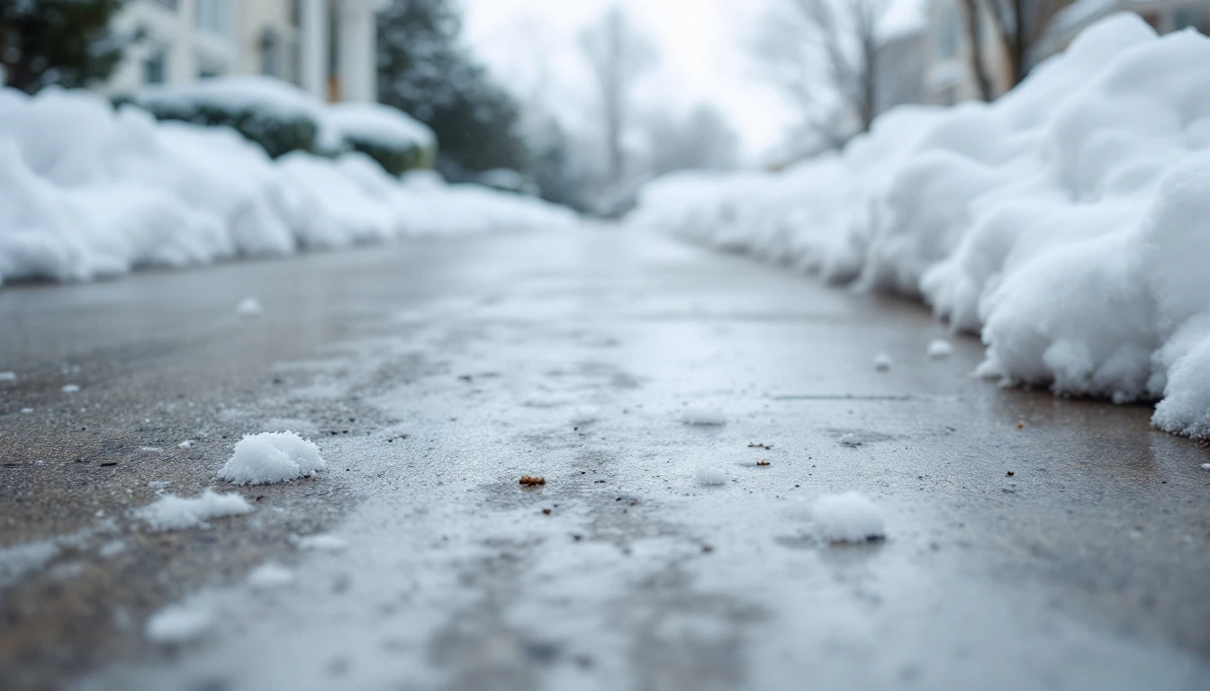 Weathered concrete drive with a cleared path through fresh snow