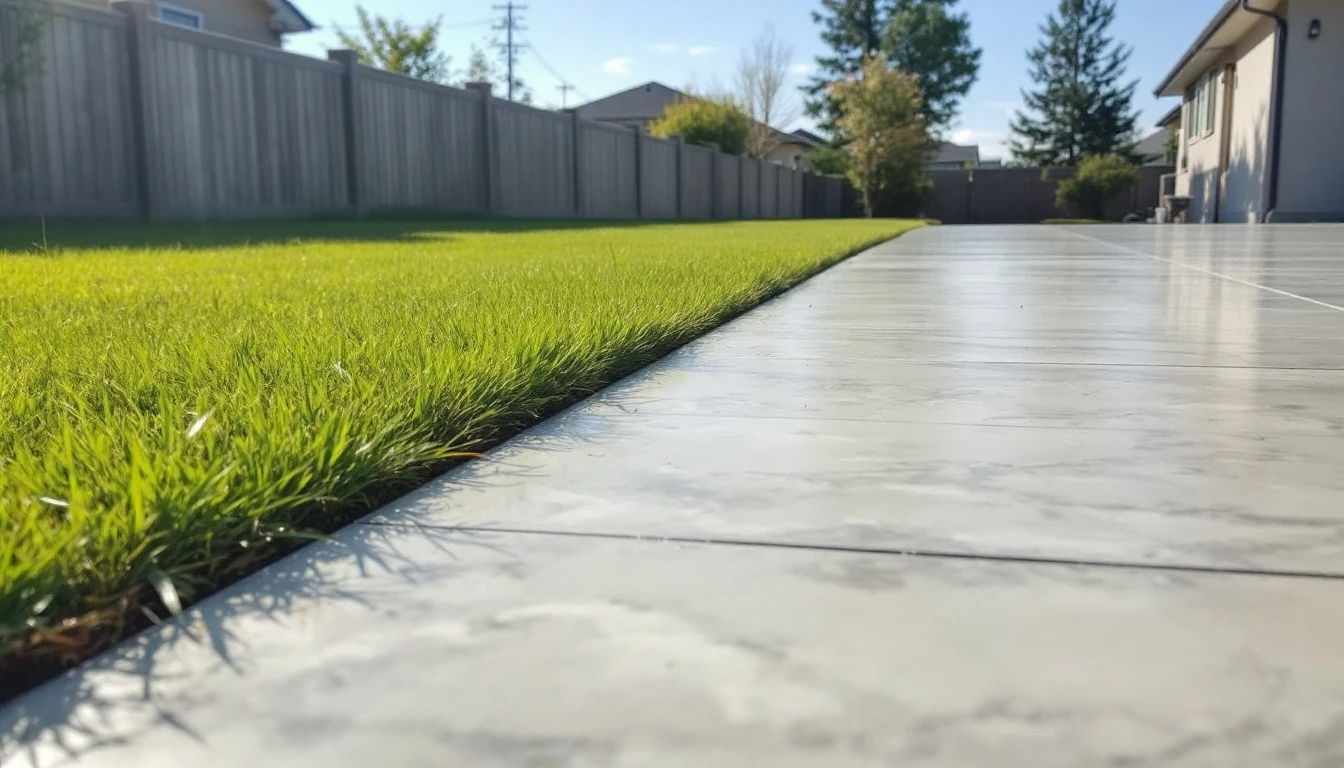 Concrete driveway with a wide grass margin beside a fence line