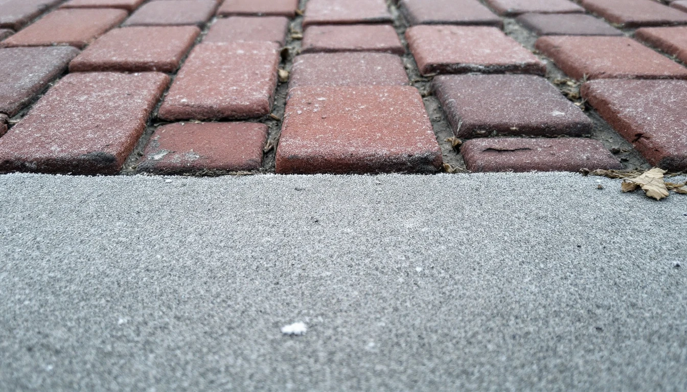 Frost dusting the joint where concrete meets brick pavers