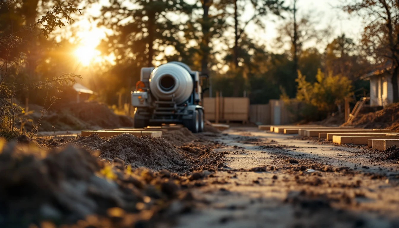Concrete mixer beside wood forms in warm late afternoon light