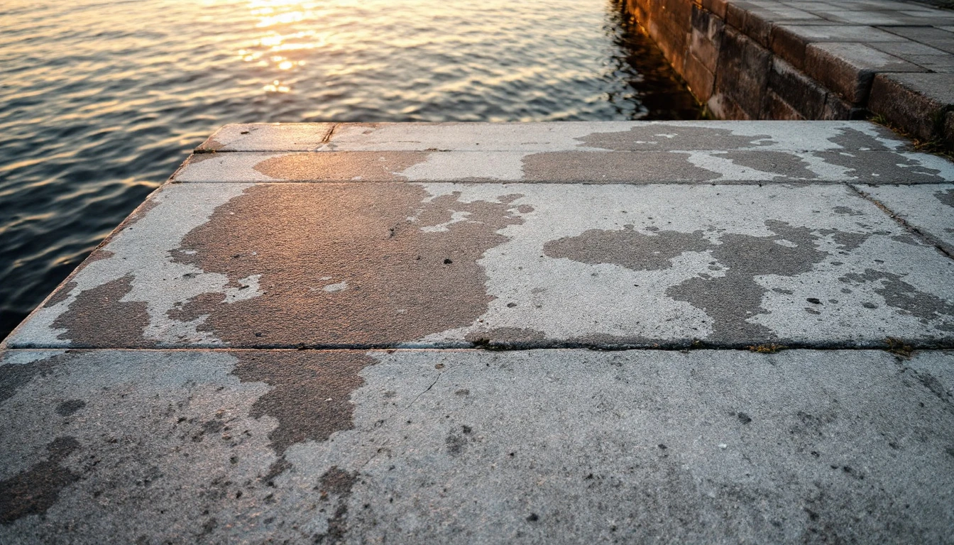 Weathered concrete ramp sloping down toward the water edge