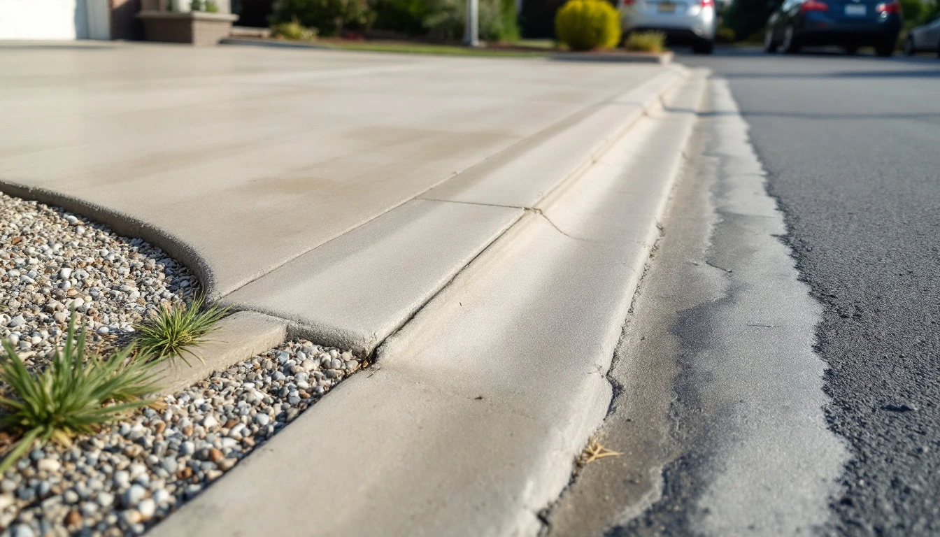 New concrete drive meets weathered asphalt at the apron