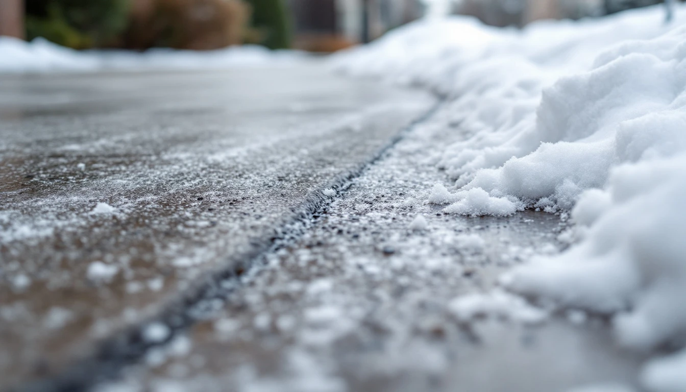 Snow-free strip of concrete driveway beside a melting snow edge