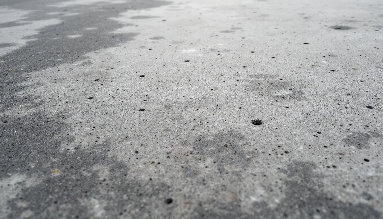Close view of a weathered concrete slab dotted with tiny surface pinholes