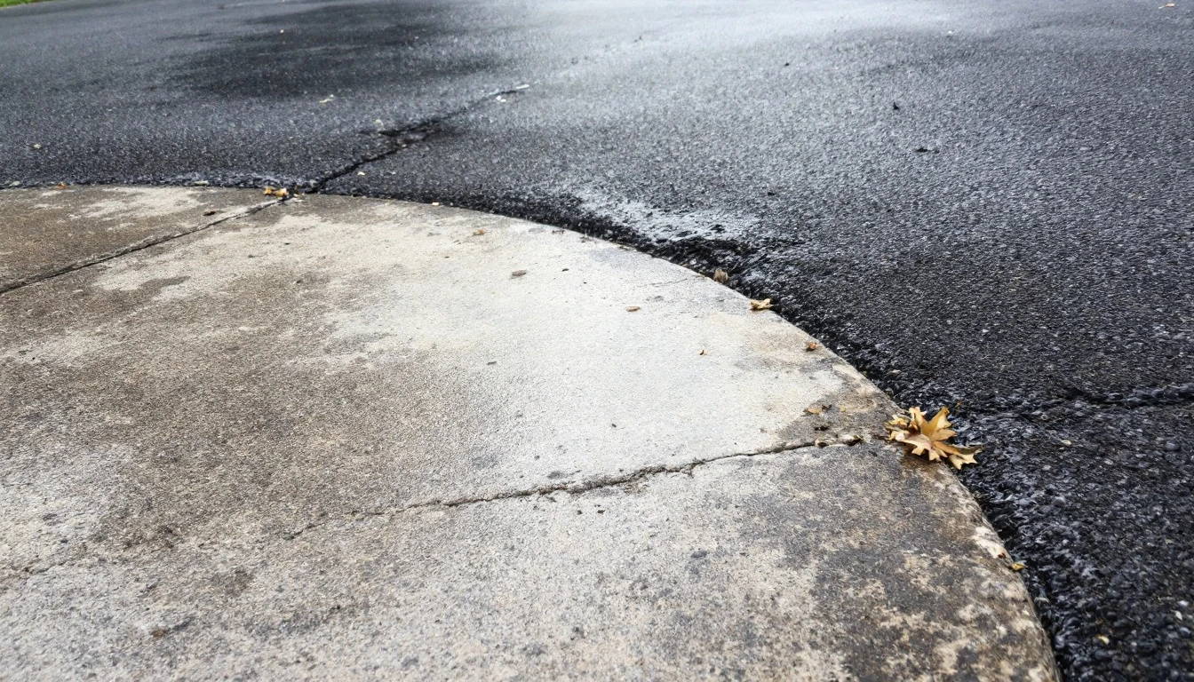 Concrete walkway joining an aged asphalt drive under gray sky