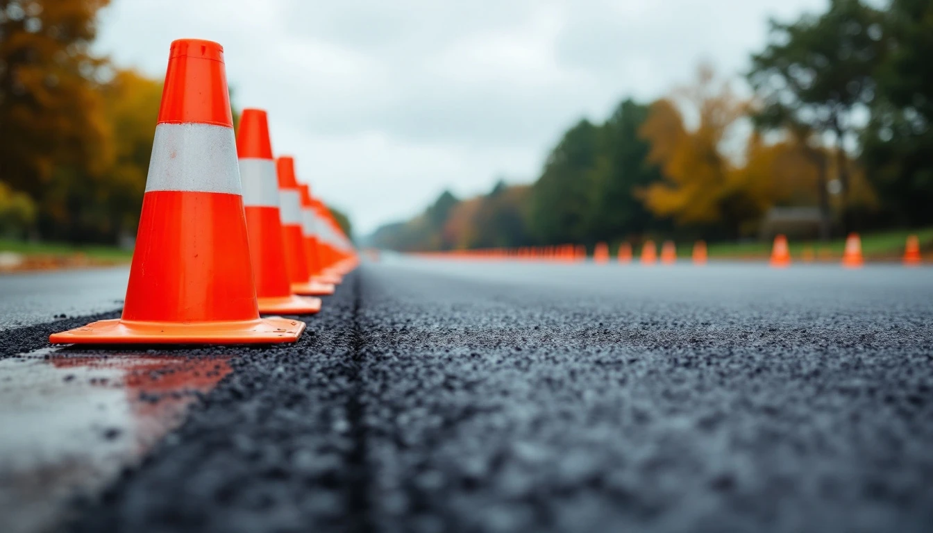 Orange cones lined along the edge of fresh asphalt