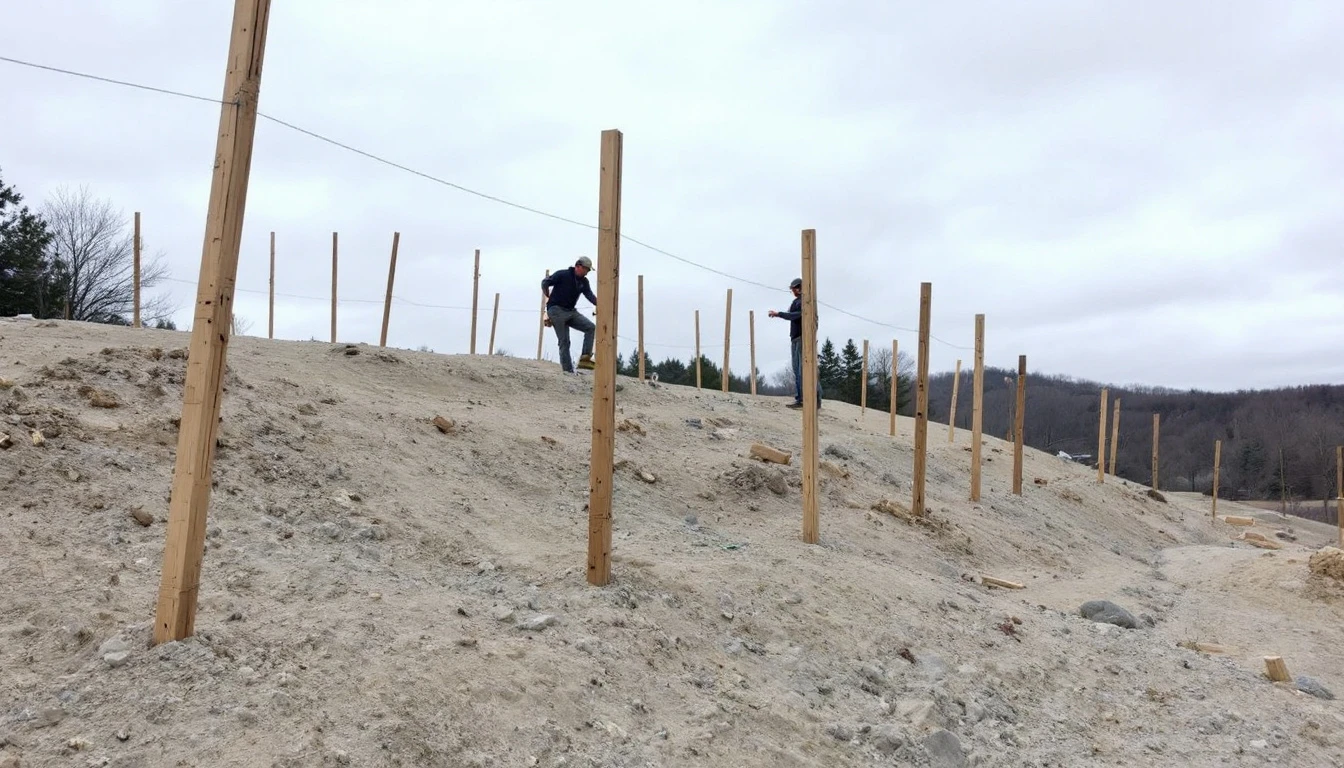 Wooden stakes and string lines marking elevations on sloped ground