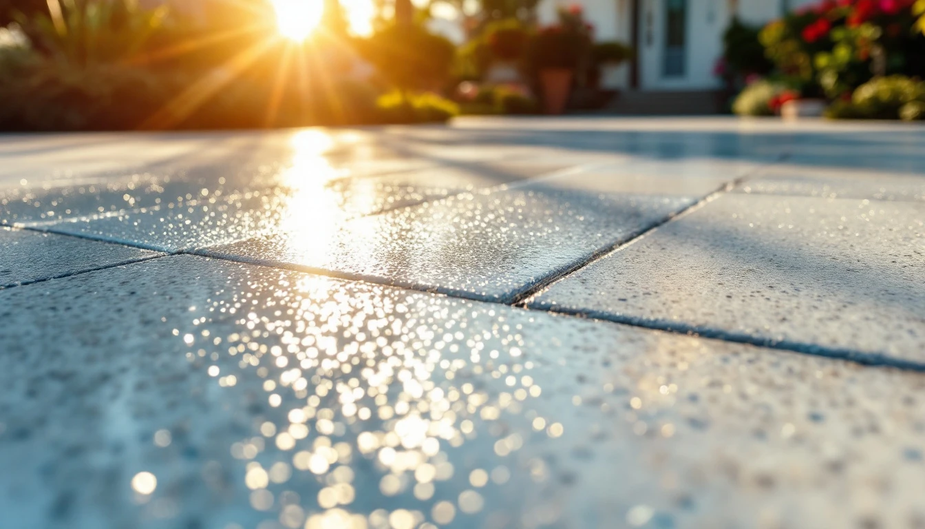 Light gray reflective coating on a concrete driveway in bright sun