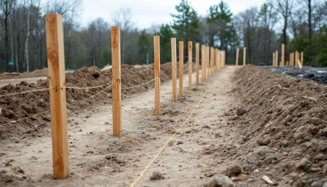 Wooden stakes and string lines marking a planned driveway layout
