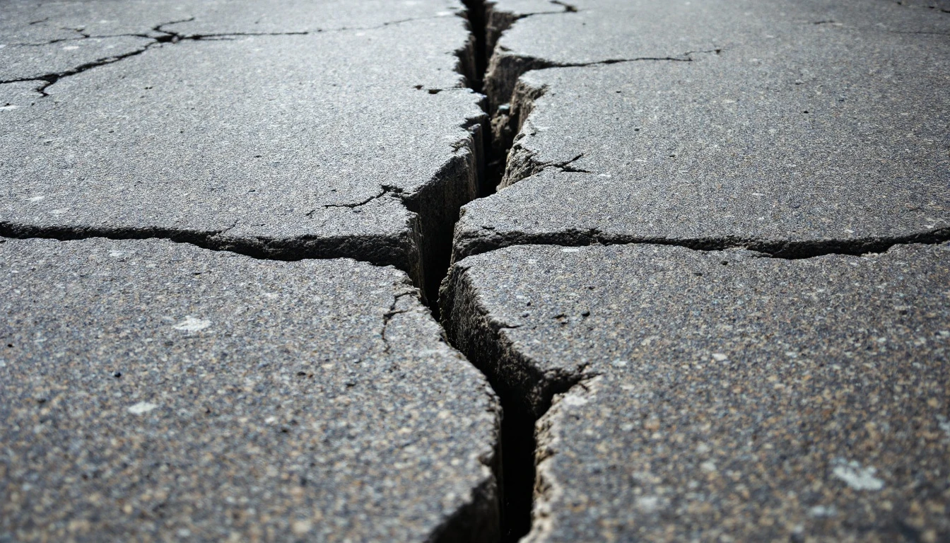 Crack width gauge resting on a cracked concrete driveway slab