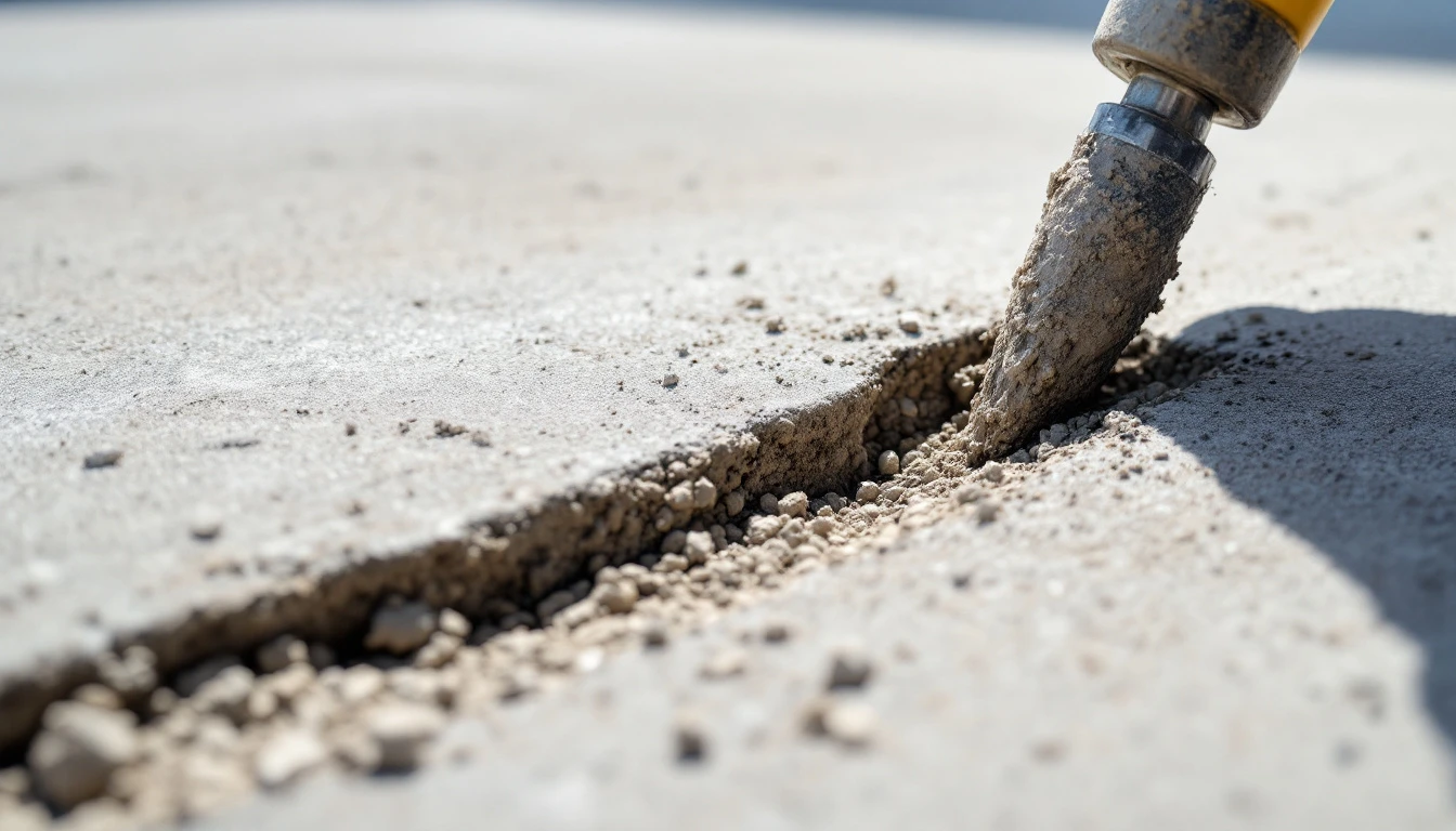 Low close view of repair mortar filling a crack in a concrete slab