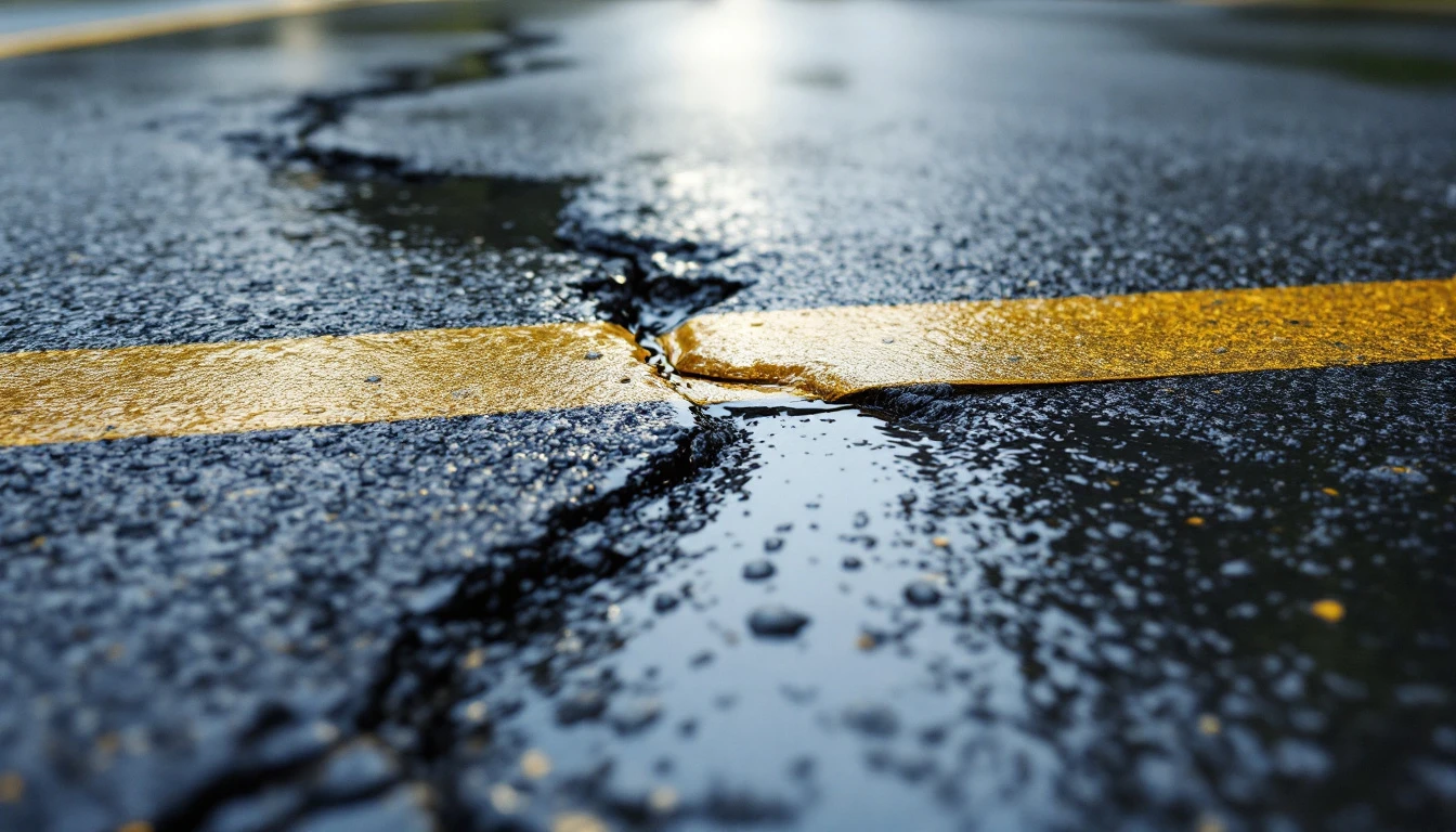 Glossy crack sealant ribbon crossing a damp asphalt surface after rain