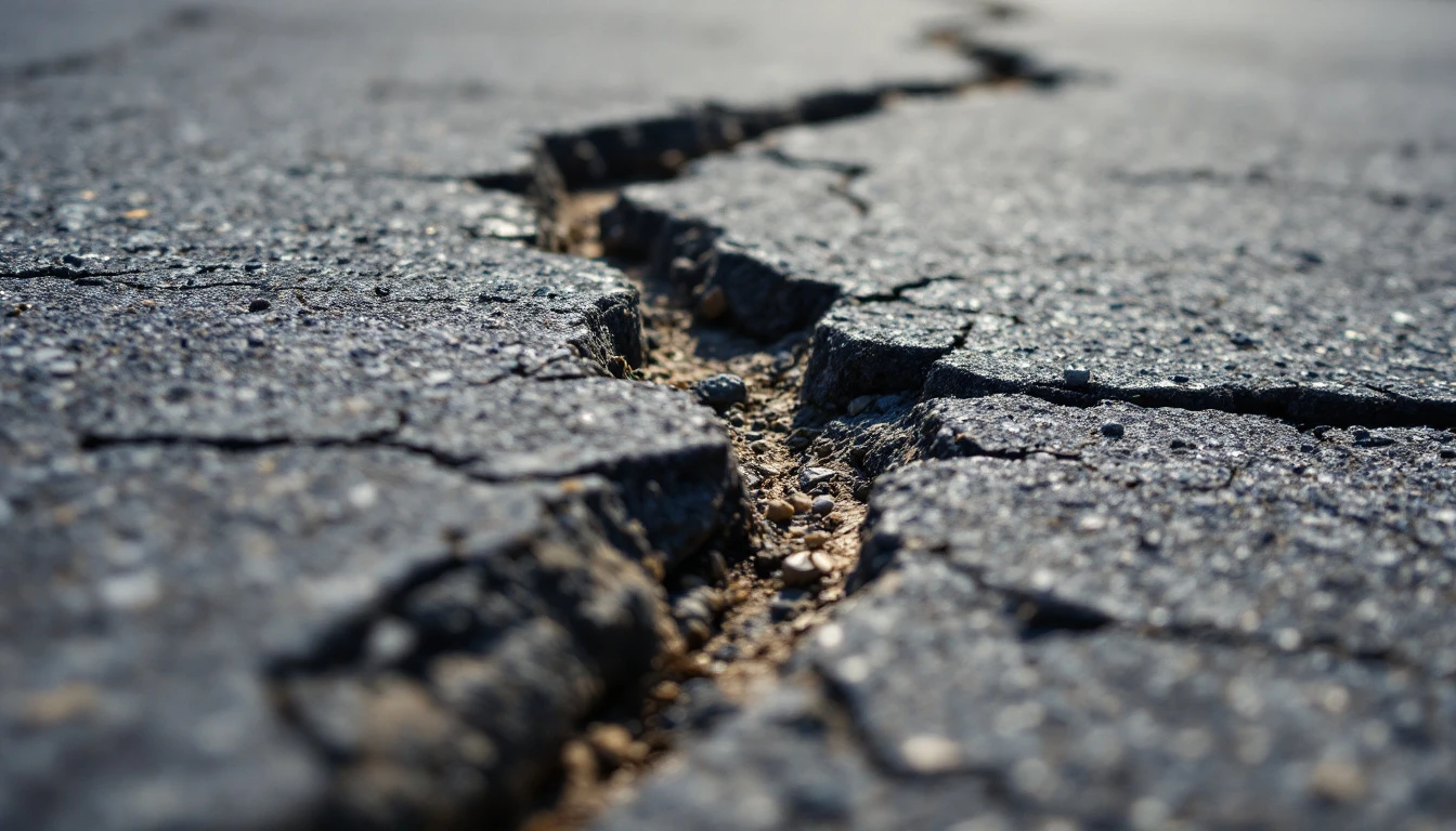 Cracked asphalt surface with crumbling edges in harsh midday light