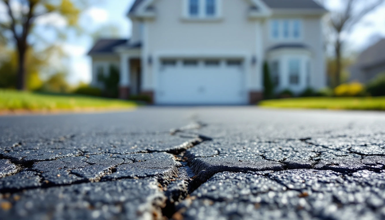 Cracked asphalt driveway in front of a garage under midday sun