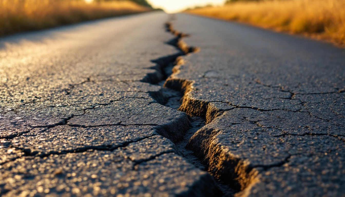 Cracked asphalt lane bordered by dry grass in warm evening light