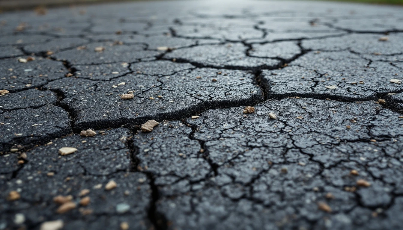 Cracked asphalt closeup with exposed stones and worn gray patches