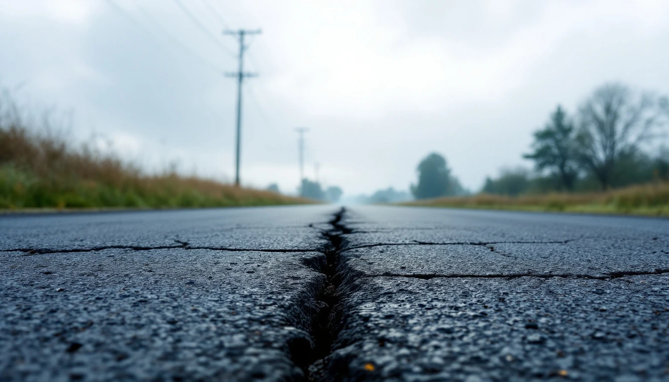Long cracks running down an asphalt lane seen from surface level