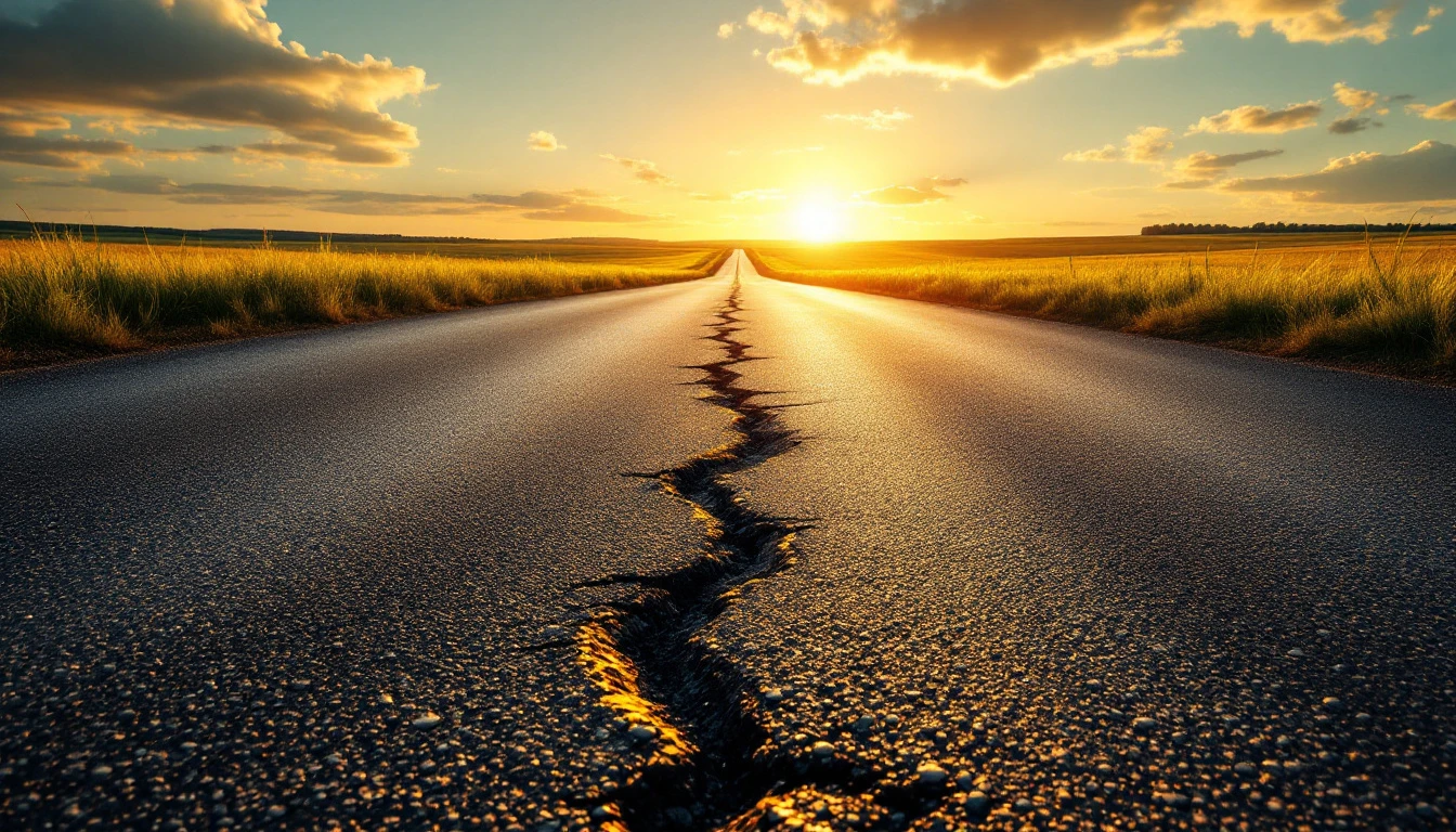 Cracked asphalt lane running through open grassy fields