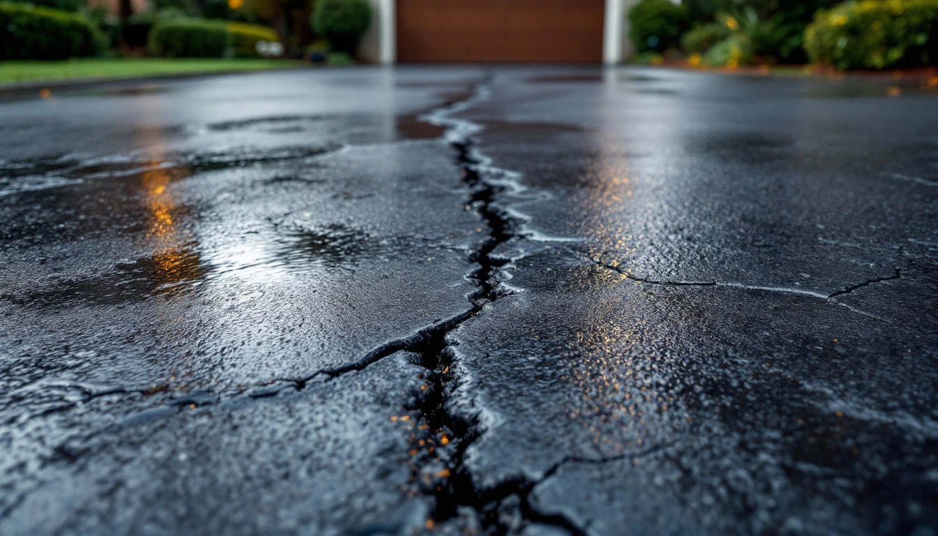 Cracked asphalt driveway with rain-darkened patches before a garage
