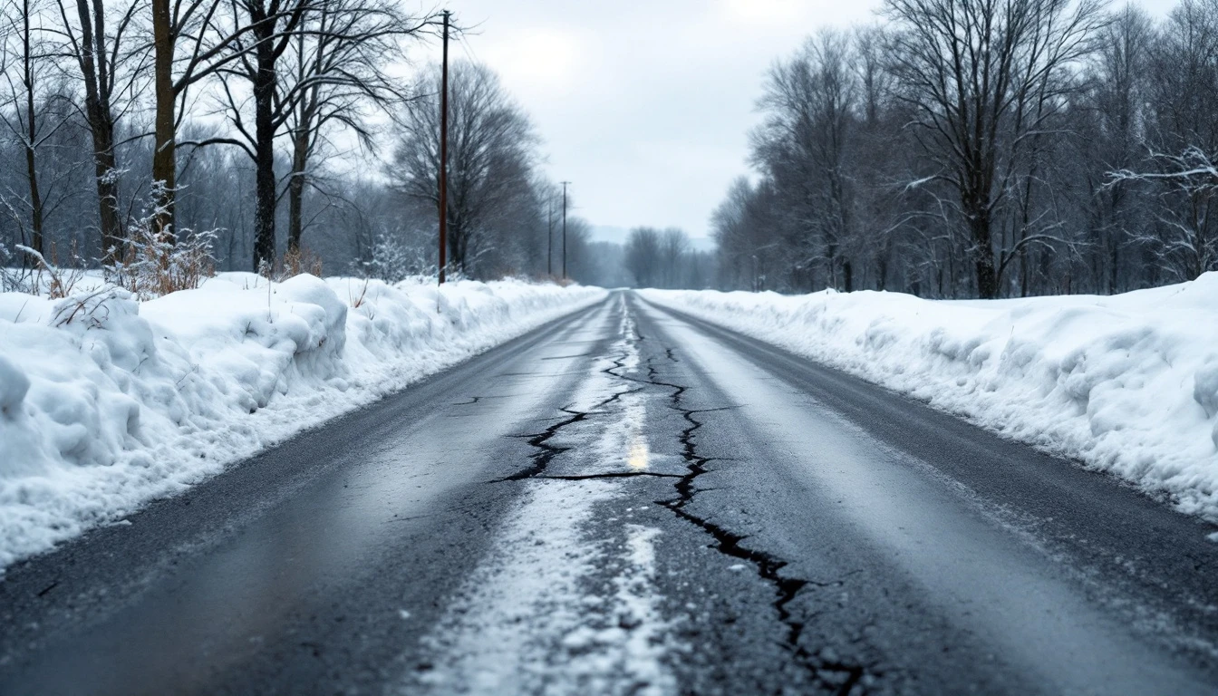 Frost cracked asphalt drive between plowed snow banks under gray skies