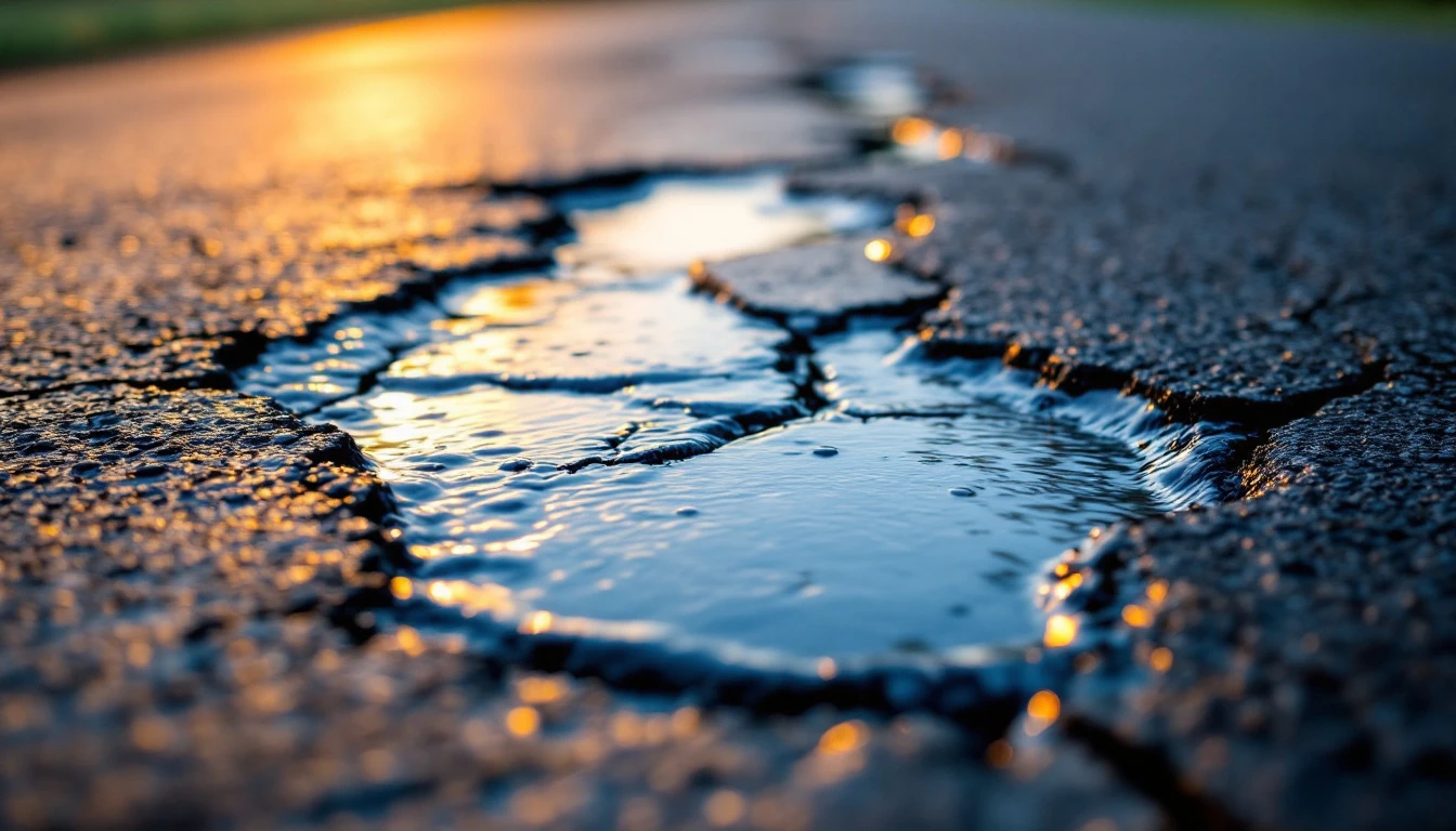 Cracked asphalt drive holding shallow pools of standing water