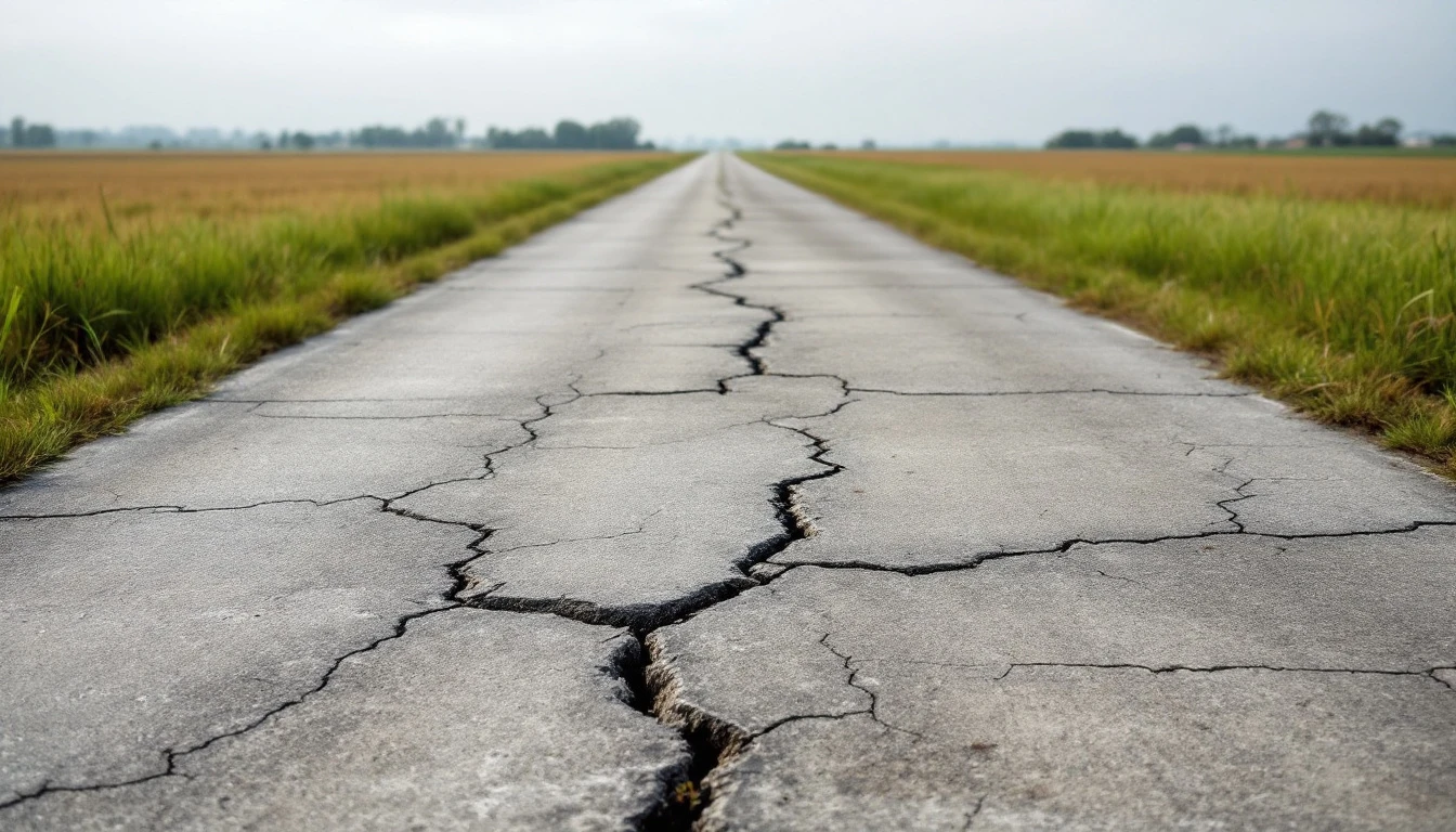 Hairline cracks crossing an aging concrete lane between fields