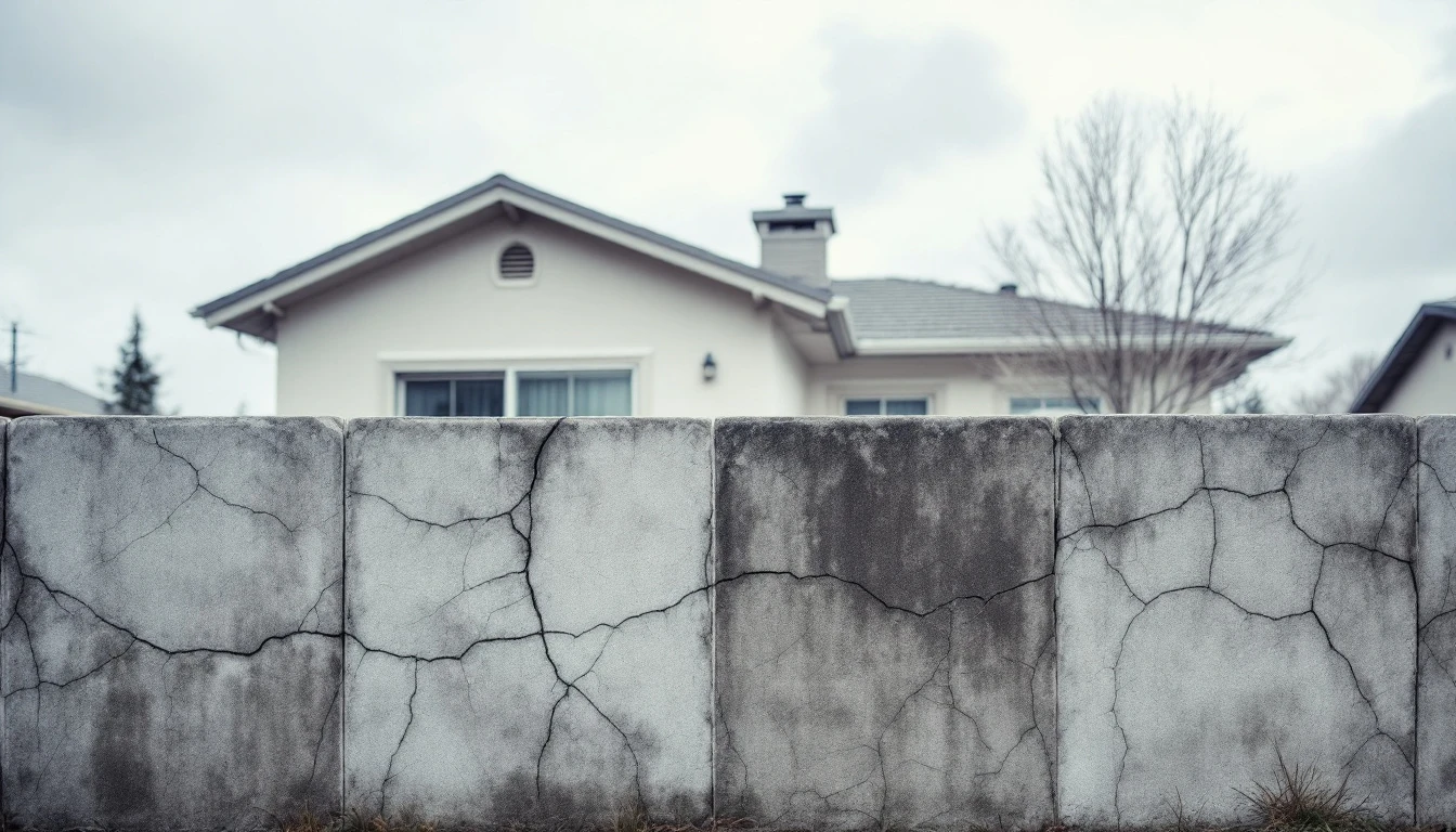 Cracked concrete panels fronting a modest home on a gray day