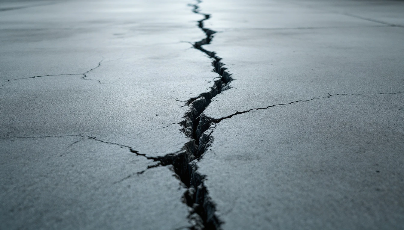 Deep cracks running across a weathered concrete slab in flat daylight