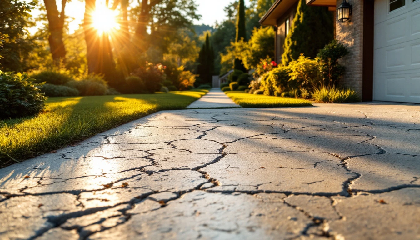 Cracked concrete driveway slab leading to a garage in golden light