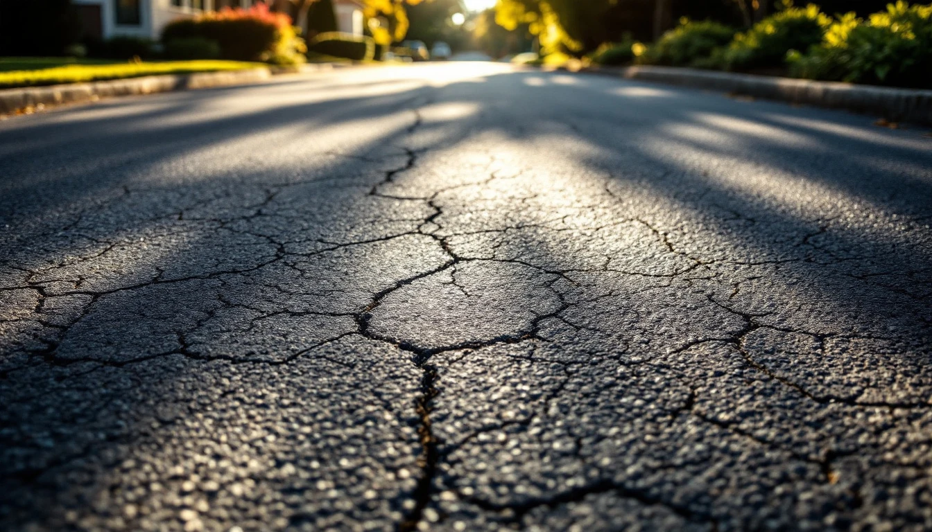 Cracked asphalt drive catching hard shadows under bright midday sun