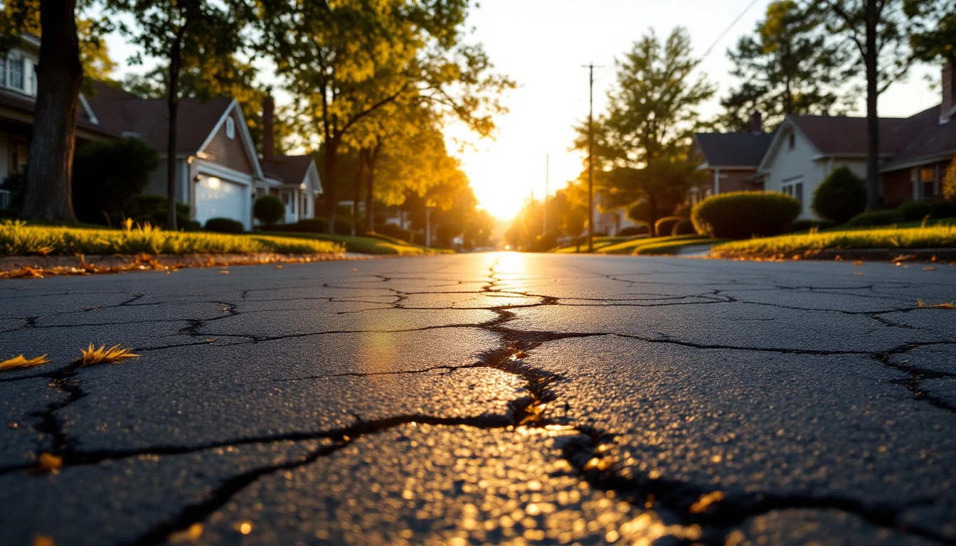 Cracked asphalt drives along a quiet suburban street