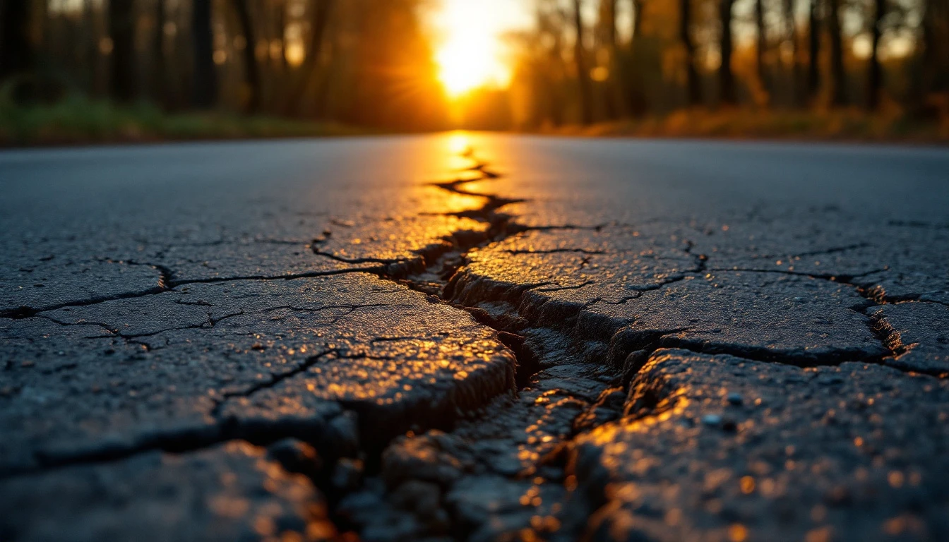 Low view of branching cracks in an asphalt lane at golden hour