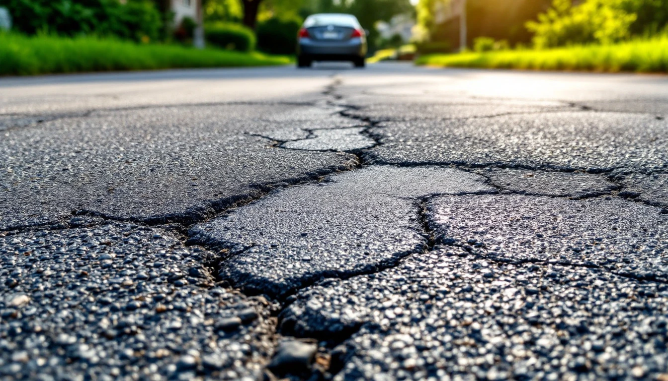 Wide cracks and patch lines across an old asphalt frontage drive