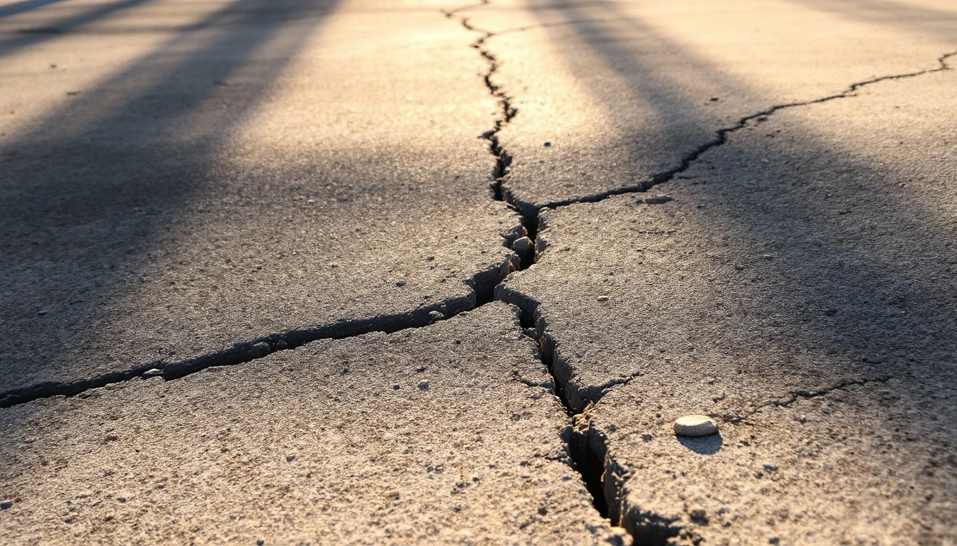 Cracks crossing a concrete slab seen low along the sunlit surface