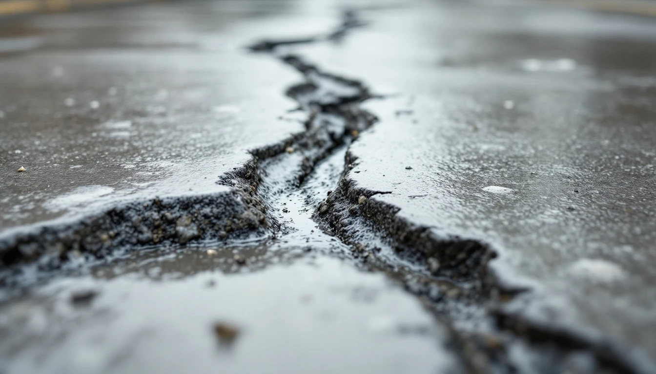 Partially patched crack running across a gray concrete slab