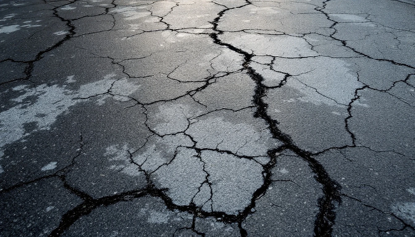 Cracked stained asphalt drive with patches ruts and faded areas