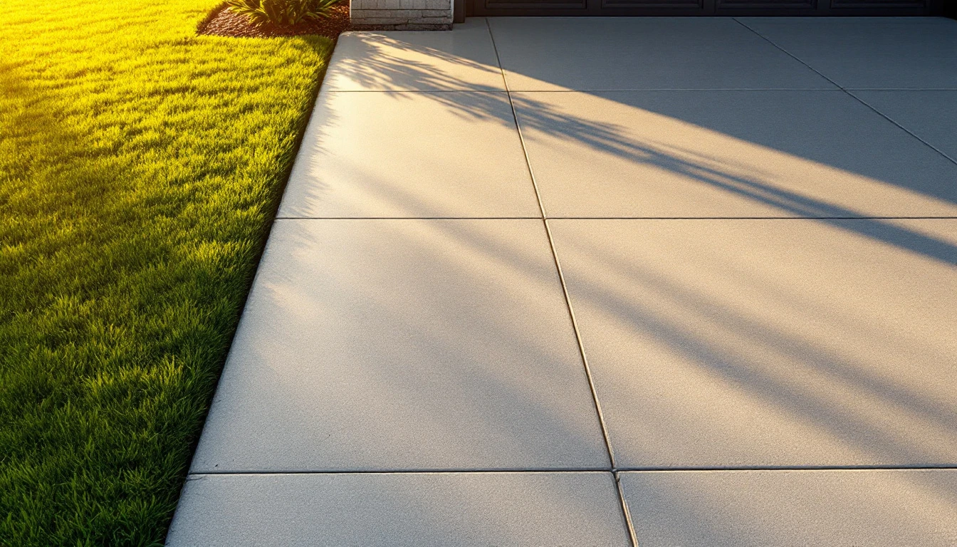 Elevated view of a crisp new concrete driveway beside a neat lawn